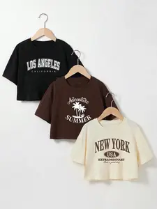 TikTok Viral 2026 Women's 3 Pack Vintage City Print Crop Tops，Short Sleeve Crew Neck Fitted Baby Tees - Y2K Retro Aesthetic Streetwear，Daily Wear, Everyday, Brunch, Street Style, Vacation - Trendy Summer Outfits for Teen Girls & Young Women