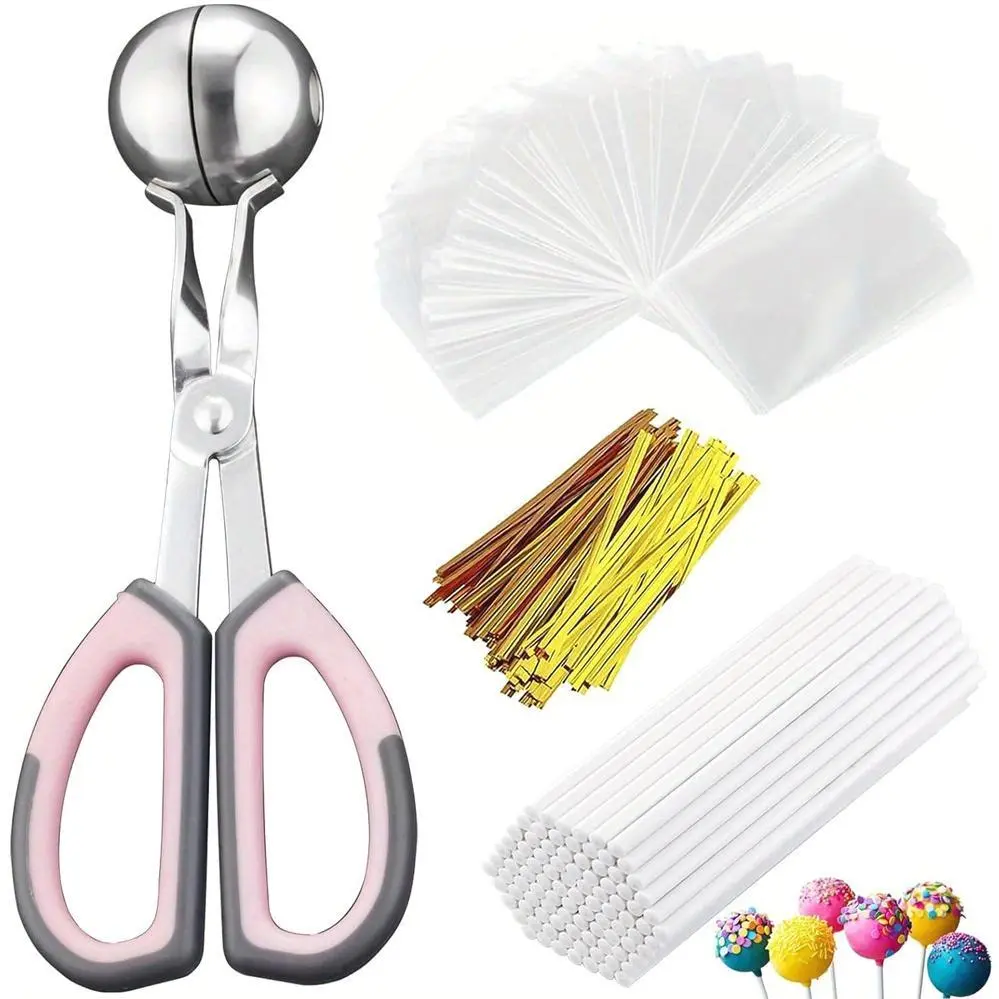 Cake Pop Treat Bag Kit Including 100pcs Cake Pop Sticks, 100pcs Parcel Bags, 100pcs Twist Ties and 1 Cake Pop Mold, Cake Lollipop Making Tools