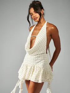MISSGUIDED Polka Dot Halter Chiffon Backless Ruffle Hem Flowy Mini Dress