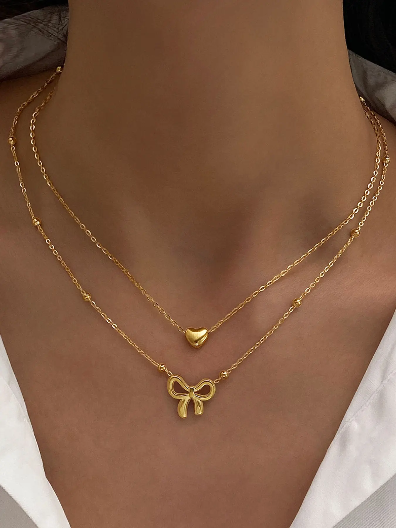 Simple Bow Heart Fashion Pendant Necklace Set of 2, Elegant Jewelry Gift Idea, Perfect for Daily Wear & Special Occasions, Timeless Design