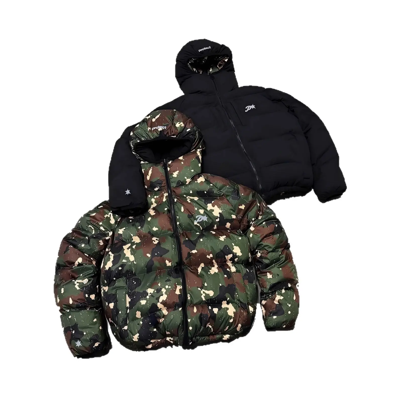 Men's Reversible Puffer Jacket, Streetwear Camouflage to Solid Hooded Coat, Water-Resistant with an Oversize Cut for Winter Menswear, Aesthetic, Chic, 1 Piece, Adjustable Hood And Cuffs, Plush Quilted, Roomy Front Pockets, Fabric, Stylish, Tops, Street St