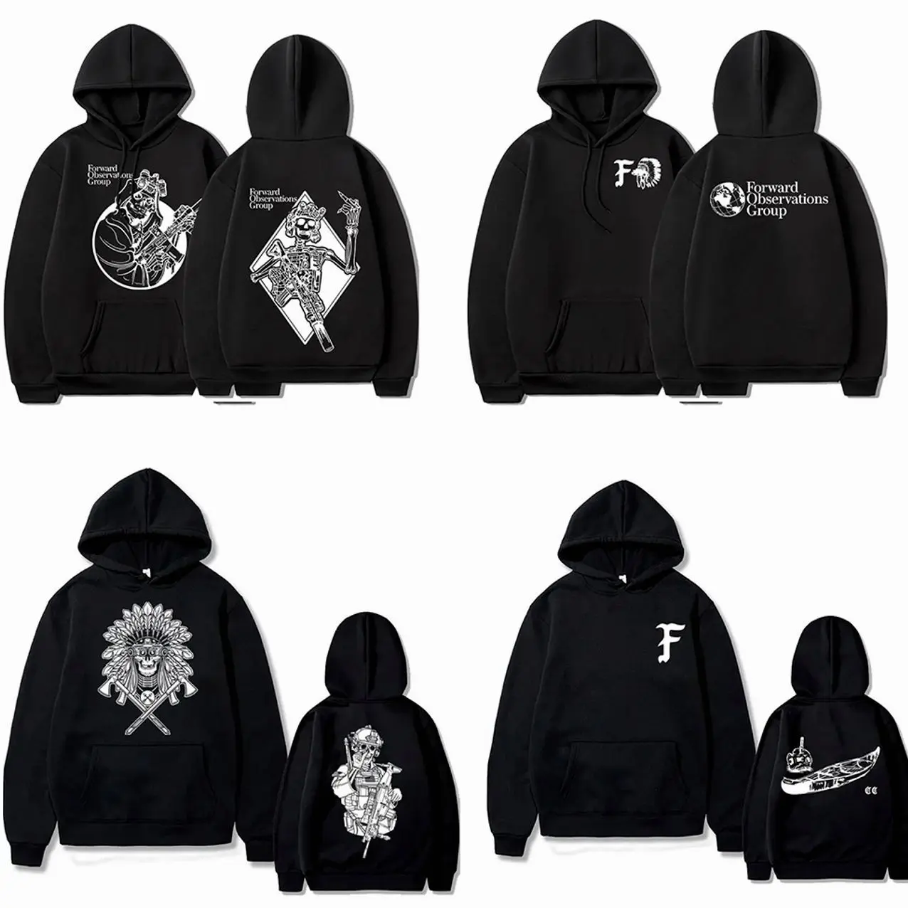 [ Collection - Forward Observations Group ] Forward Observations Group Hoodie Men's Vintage Skeleton Graphic Hooded Sweatshirts J9X