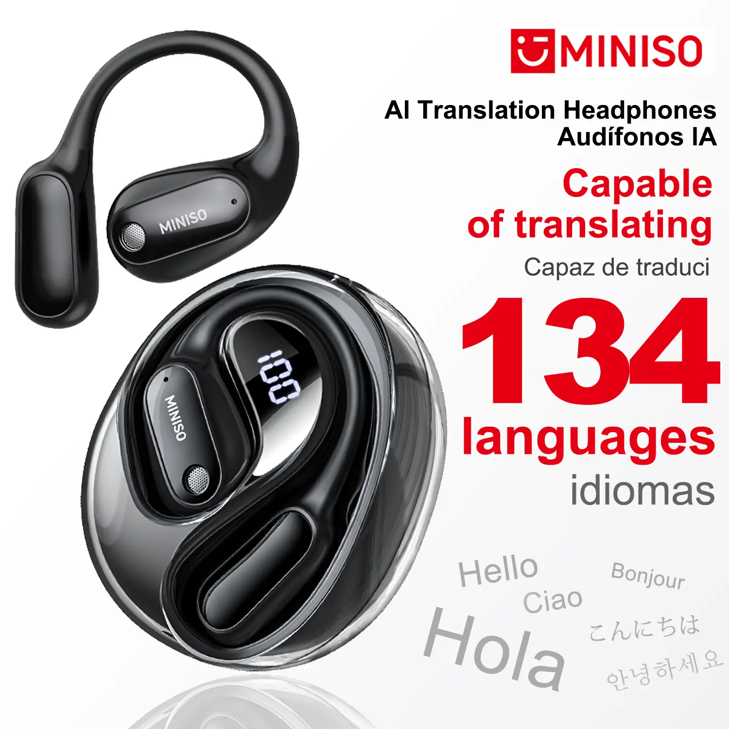 MINISO MS190 AI Translation Wireless Earbuds - Bluetooth 6.0 Audio Electronics, 134-Language Real-Time Voice Activation via APP, IPX5 Rated Sports Sweat Ready Headphones for Music & Calls, Long Endurance Cool Gadgets, AI Translation Headphones