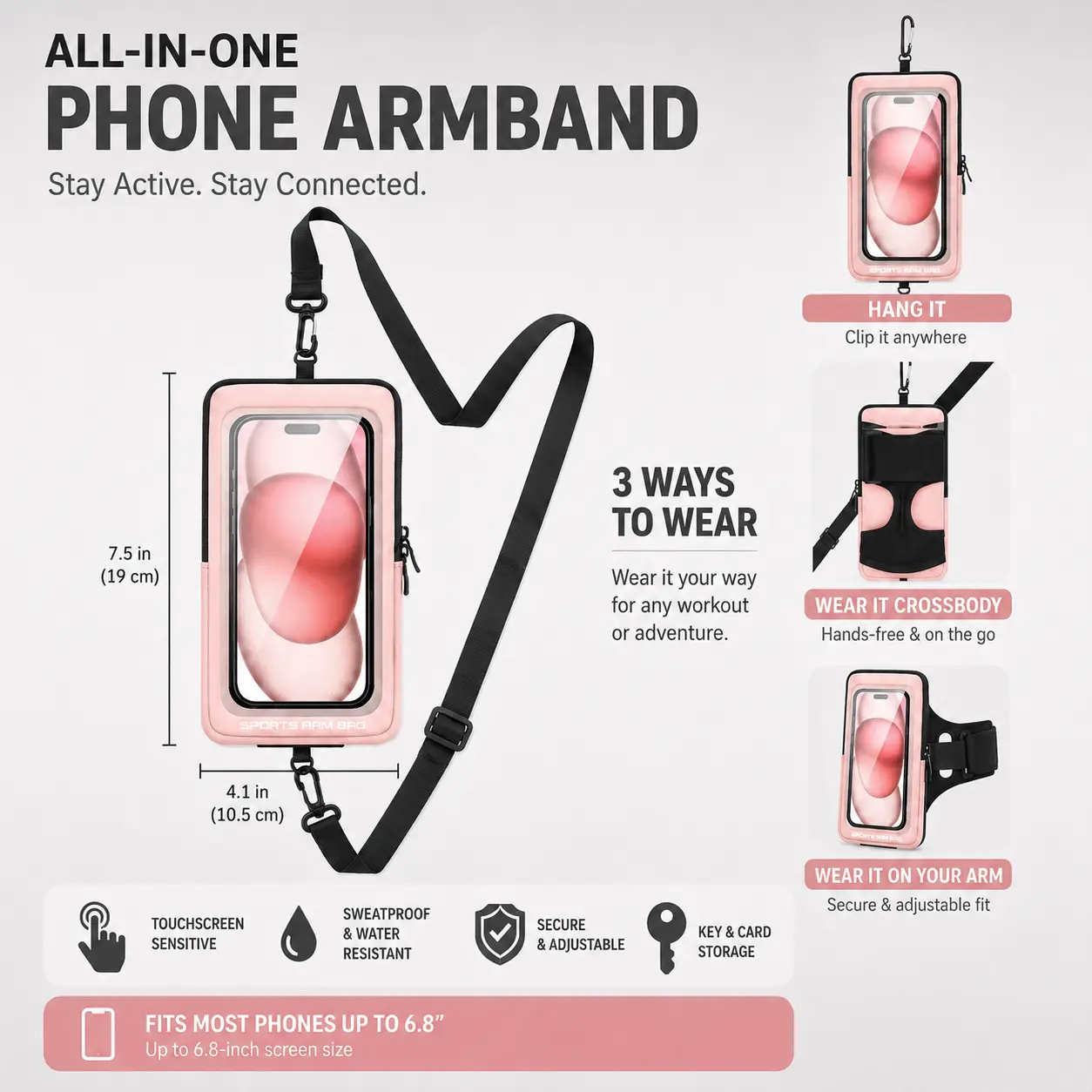 2-in-1 Running Phone Armband & Crossbody Strap Case, Touch Screen Sports Phone Holder, Sweatproof Adjustable Arm Band for Gym, Fitness, Running & Outdoor