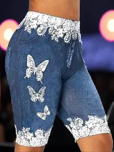 New Butterfly Code Print Pleated High Waist Elasticity Women's Leggings, Best-Selling Butt-Lifting Bottoms, Fashionable Ladies' Underwear Short