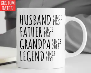 Husband Father Grandpa Legend Mug, Personalized Grandfather Custom Dates, Funny Birthday Gift for Men