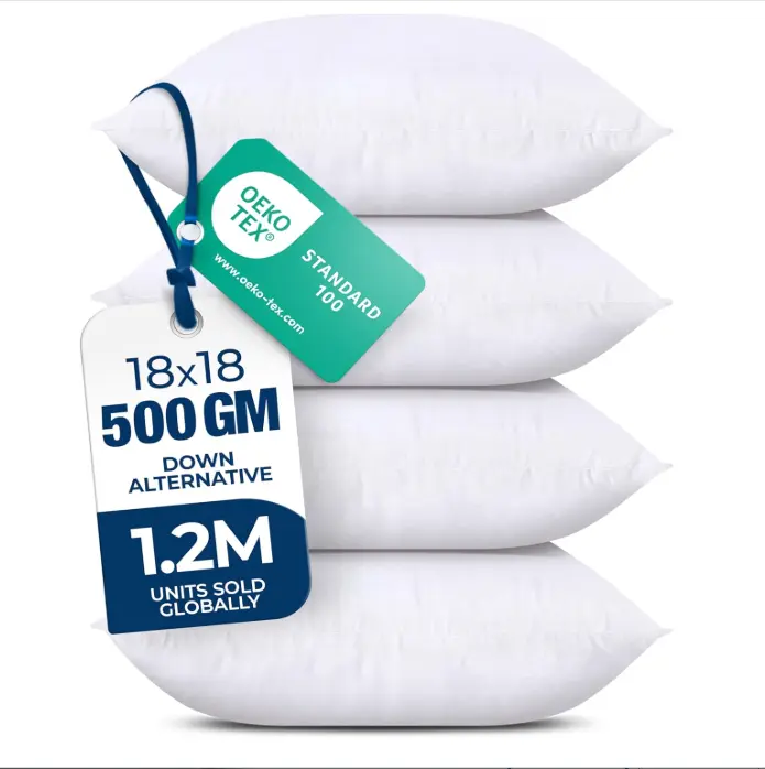 (Set of 4, White) – 18 x 18 Inches Down Alternative Pillows for Bed, Sofa, and Couch - Fluffy Decorative Stuffer Pillow for Indoors & Outdoors