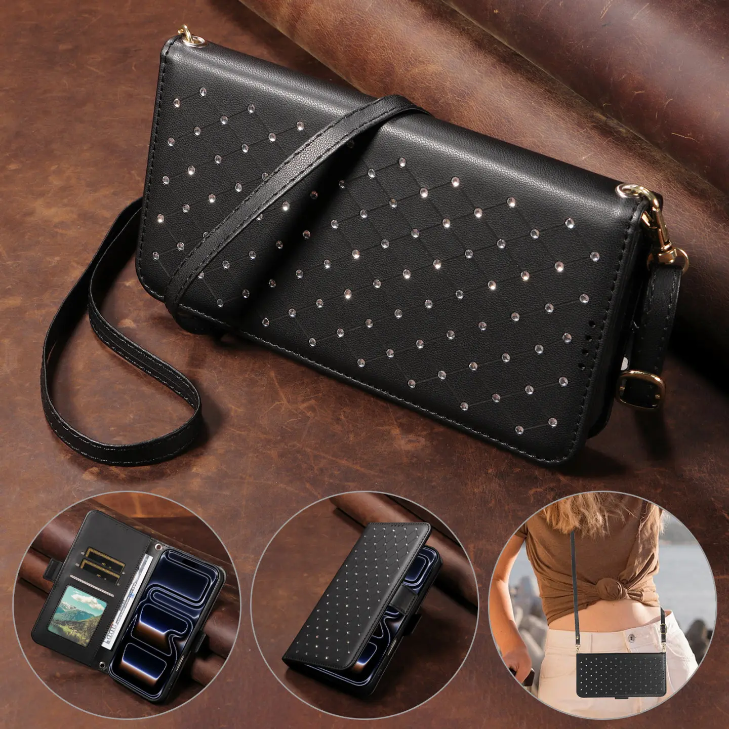 Rhinestone Crossbody Wallet Phone Case for Samsung Galaxy S26 Ultra, S25 Edge, S24 Plus, S23 FE, S21 - Bling Leather Flip Purse Case with Card Slots, Strap, Shockproof Protection | Mobile Phone Accessory