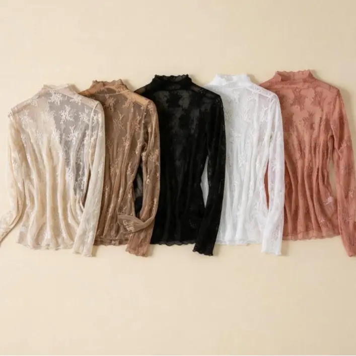 3pcs OF Women Mesh T-Shirts Transparent Lace Blouse Long Sleeve Lace Base Shirt for Women's Long Sleeved Slim Fit Chiffon Shirt with Sweater and Transparent Mesh Top Inside For All Season