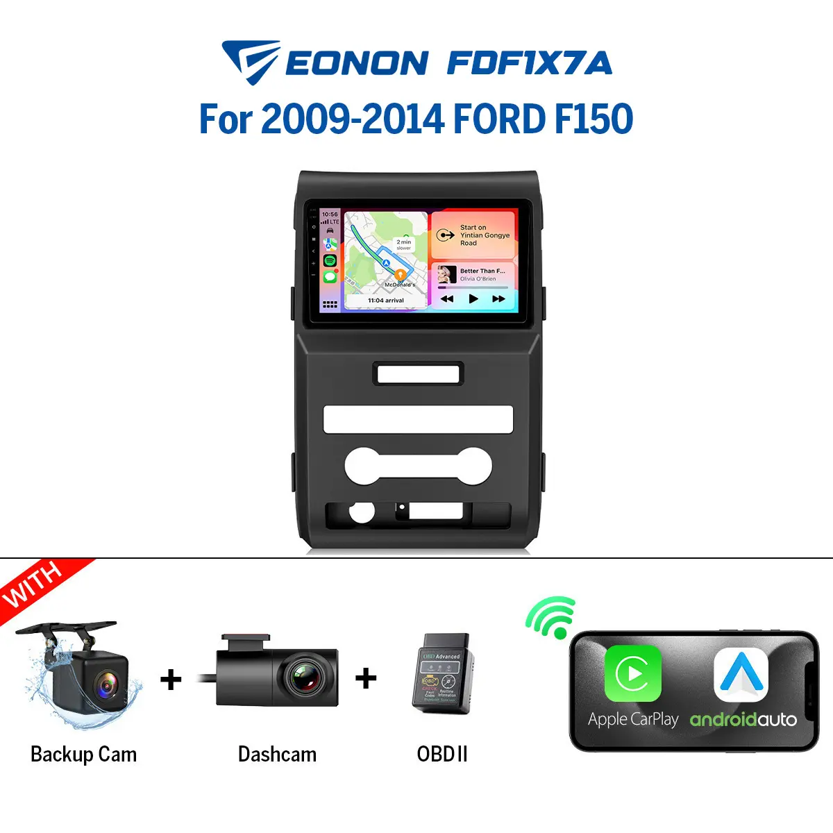 EONON Car Stereo Head Unit for Ford F150 2009-2014, 9" Touchscreen Android 14, 4GB+64GB Plug-and-Play, Wireless CarPlay & Android Auto, Dashcam & OBDII & Backup Camera, GPS, Bluetooth, Steering Wheel Controls, Sub - FDF1X7A