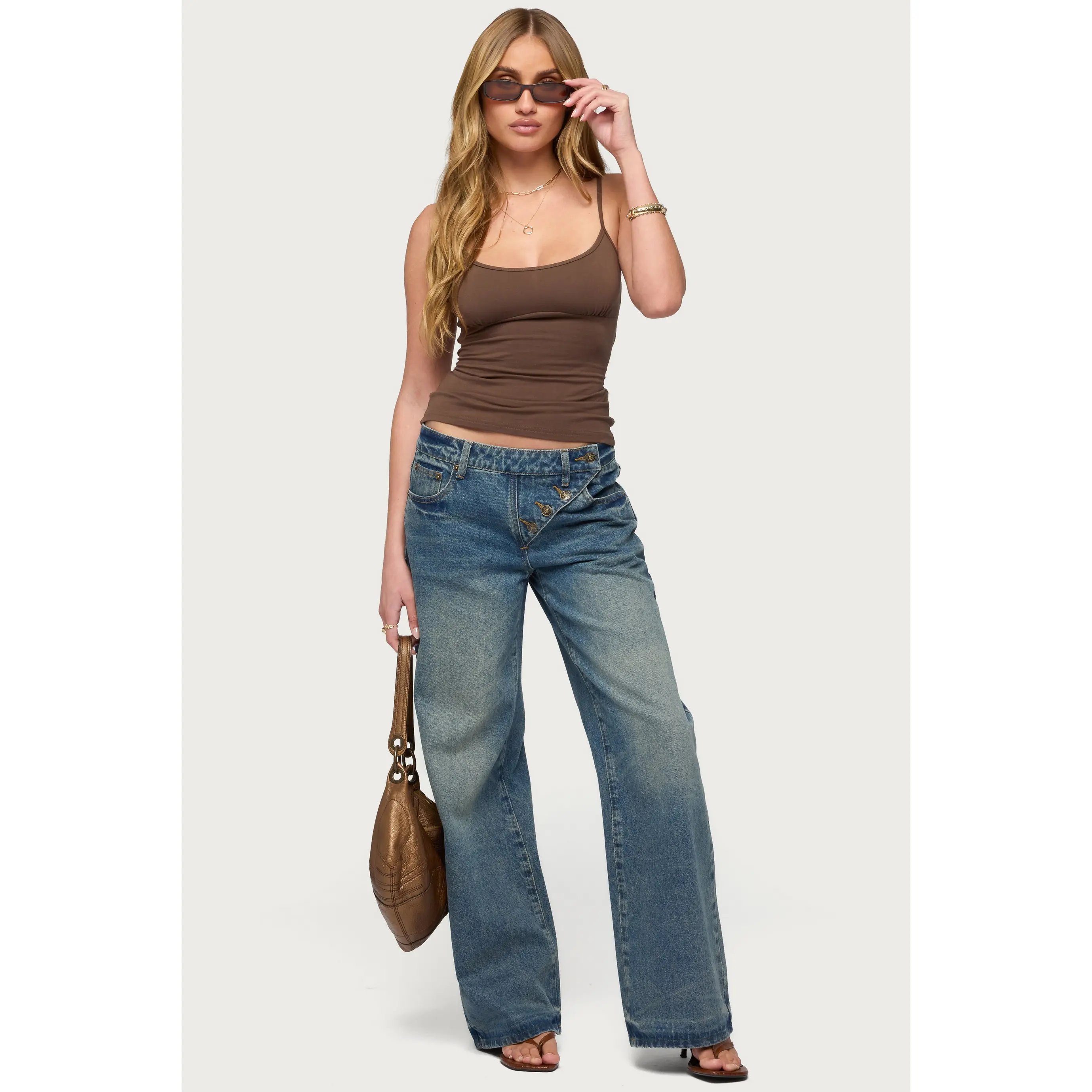 Moxlan Slanted Button Low Rise Baggy Jeans