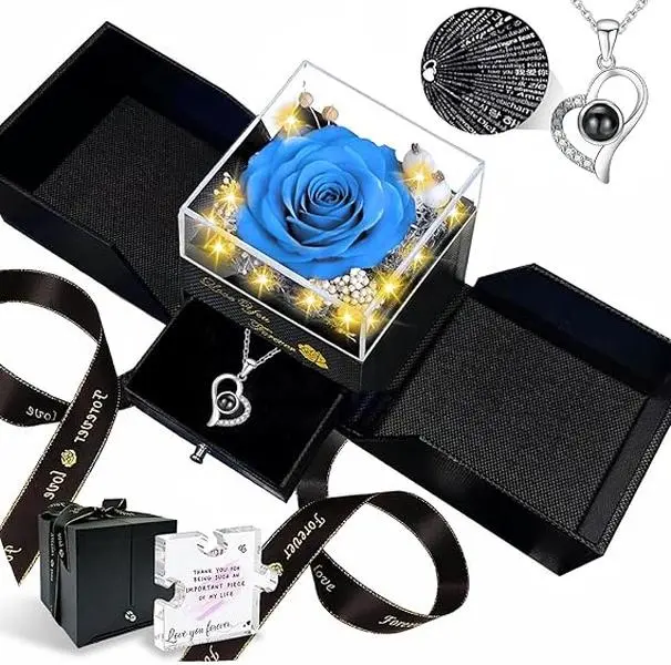 Yellow Rose Gift Pack for Women, Romantic Preserved Real Flower in a Light-Up Box with a 100 Languages Heart Necklace and Engraved Acrylic Block