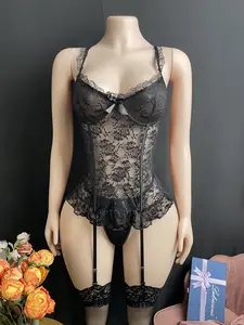 Underwear Set (4-piece set, with steel rim, thong, paired with a pair of stockings) Sexy Underwear Temptation Lace thong with steel rim Sexy Underwear Set panty outfit Floral Lace Bow Front Lingerie Set lingerie  business adult Womenswear Bridal