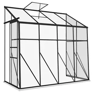 8' x 4' Walk-in Lean-to Polycarbonate Greenhouse – Black. Twin-Wall Polycarbonate (90% Light). Sliding Door + 5-Angle Roof Vent. Aluminum Frame + Rain Gutter + Foundation