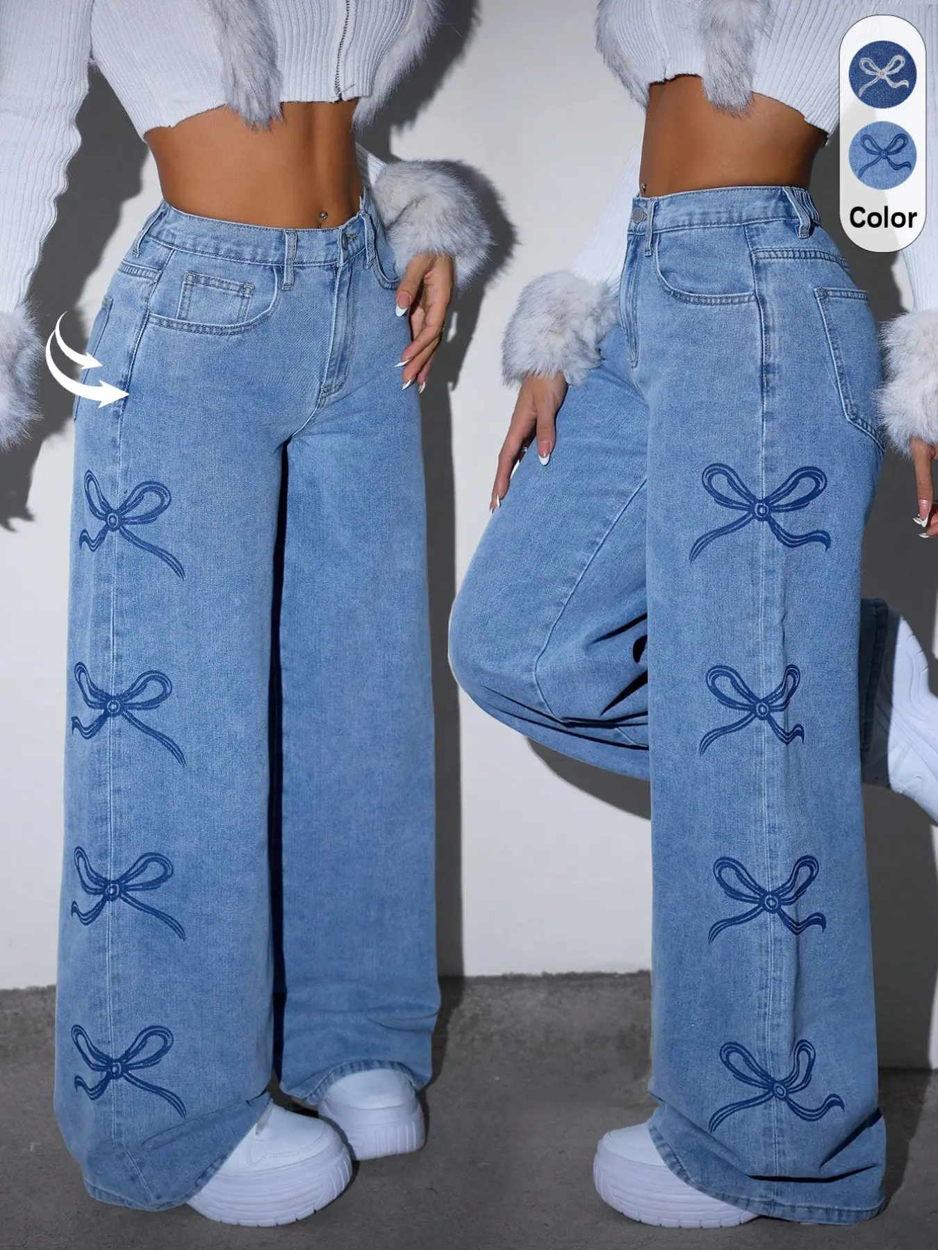 Women's Denim Wide Leg Pants, High Waist Loose Fit, Geometric Print Design, Button Fly Closure, Casual Y2K Style, Floor Length Jeans