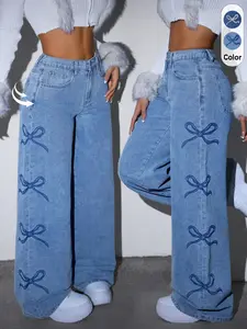 Women's Loose Wide Leg Pants, Printed Bow Design, High Waisted Fashion Elastic Waist, Perfect Fit Jeans, Casual Wear