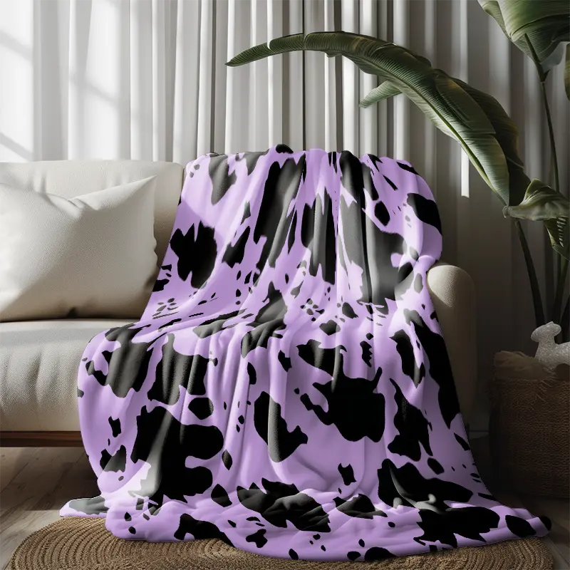 Black & Lavender Cow Pattern Flannel Blanket 60"x80" - Lightweight Durable Lavender Theme Anti-Wrinkle All-Season Blanket for Home, Travel, Lavender Theme Blankets, Lightweight Durable Blankets