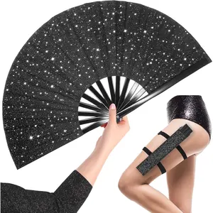 Glitter Large Rave Clack Popping Fan for Line Dancing with Holster - 13'' Boots on The Ground Folding Hand Fan - for EDM, Music Festival, Hot Flashes, Party, Decoration (Black)