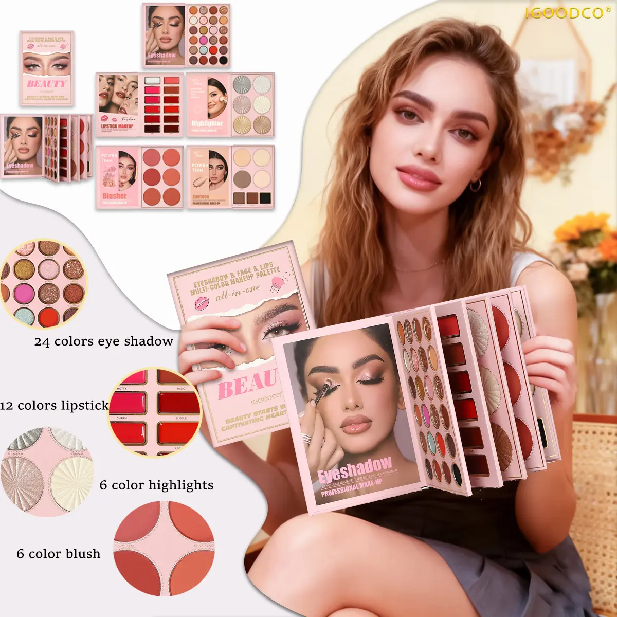 IGOODCO IG3130 Multicolor Eyeshadow Palette - High-Pigment Pearl, Sparkly Glitter Sequins, Colorful Bling Effect, Glam Style, With Lipsticks, Highlighters, Sunscreen, Stage-Use Beauty Kit, Ideal Women's Gift