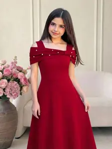 Teenage Girls Summer New Fashion Chic Elegant Princess Dress Pearl Decoration French off Shoulder Bow Long Dress for Party School Activities