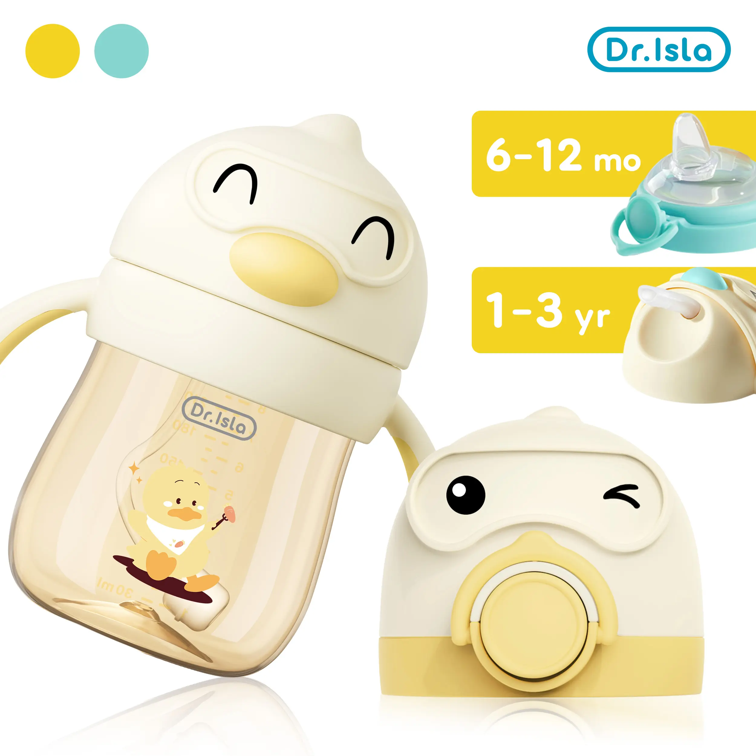 Dr.Isla PPSU Leakproof Sippy Cup, 9oz/240ml, 2-in-1 Baby Training Cup for 6–12 Months & 1–3 Years, Weighted Straw with Gravity Ball, Anti-Slip Handles, Spill-Proof & Anti-Choke Design, Cute Duck Style, BPA-Free #summervibes