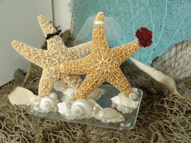 Coastal Beach Wedding Cake Topper- Sugar Starfish Bride and Groom