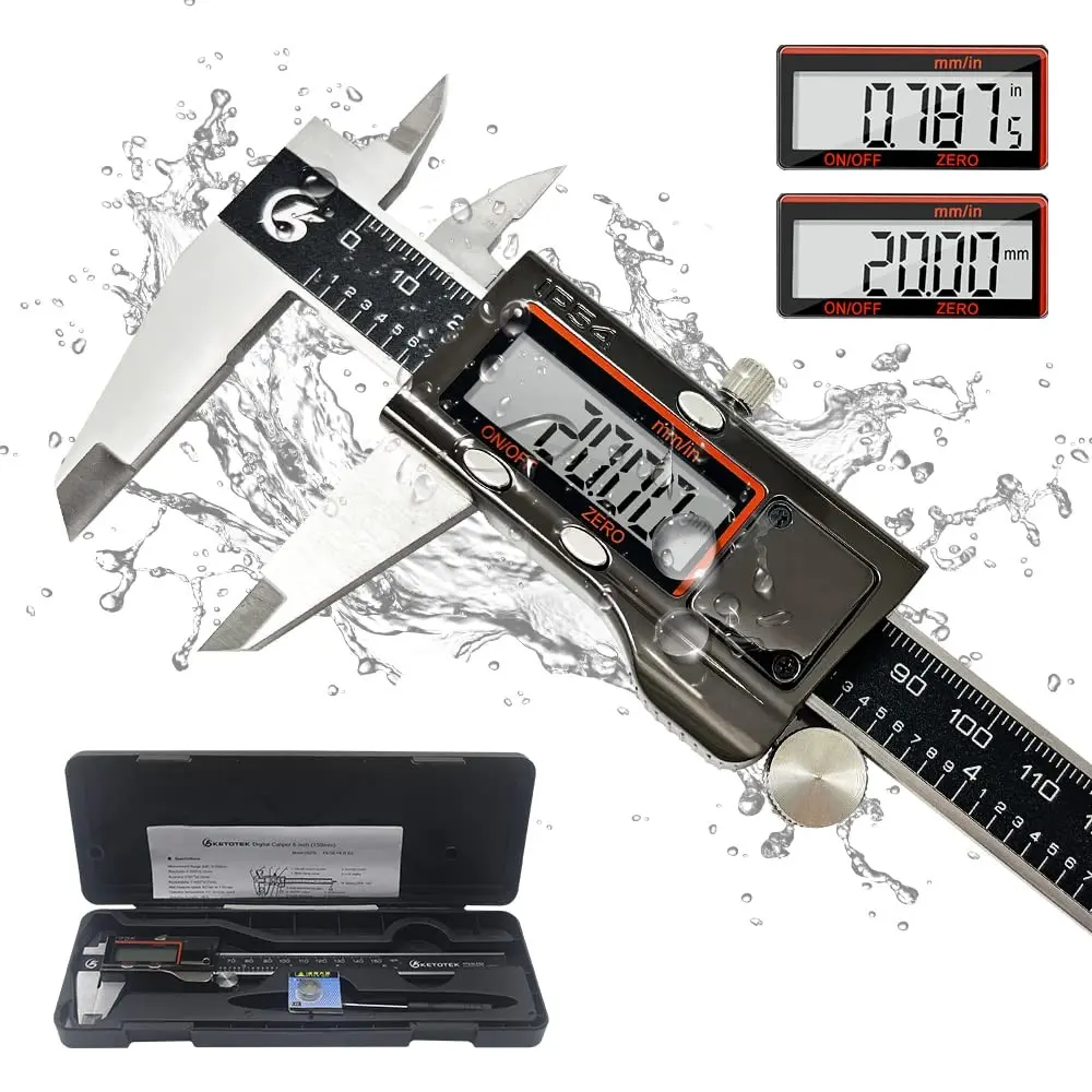 Digital Caliper Measuring Tool, IP54 Waterproof Stainless Steel Electronic Vernier Caliper 6 Inch/150mm Digital Micrometer with Large LCD Screen