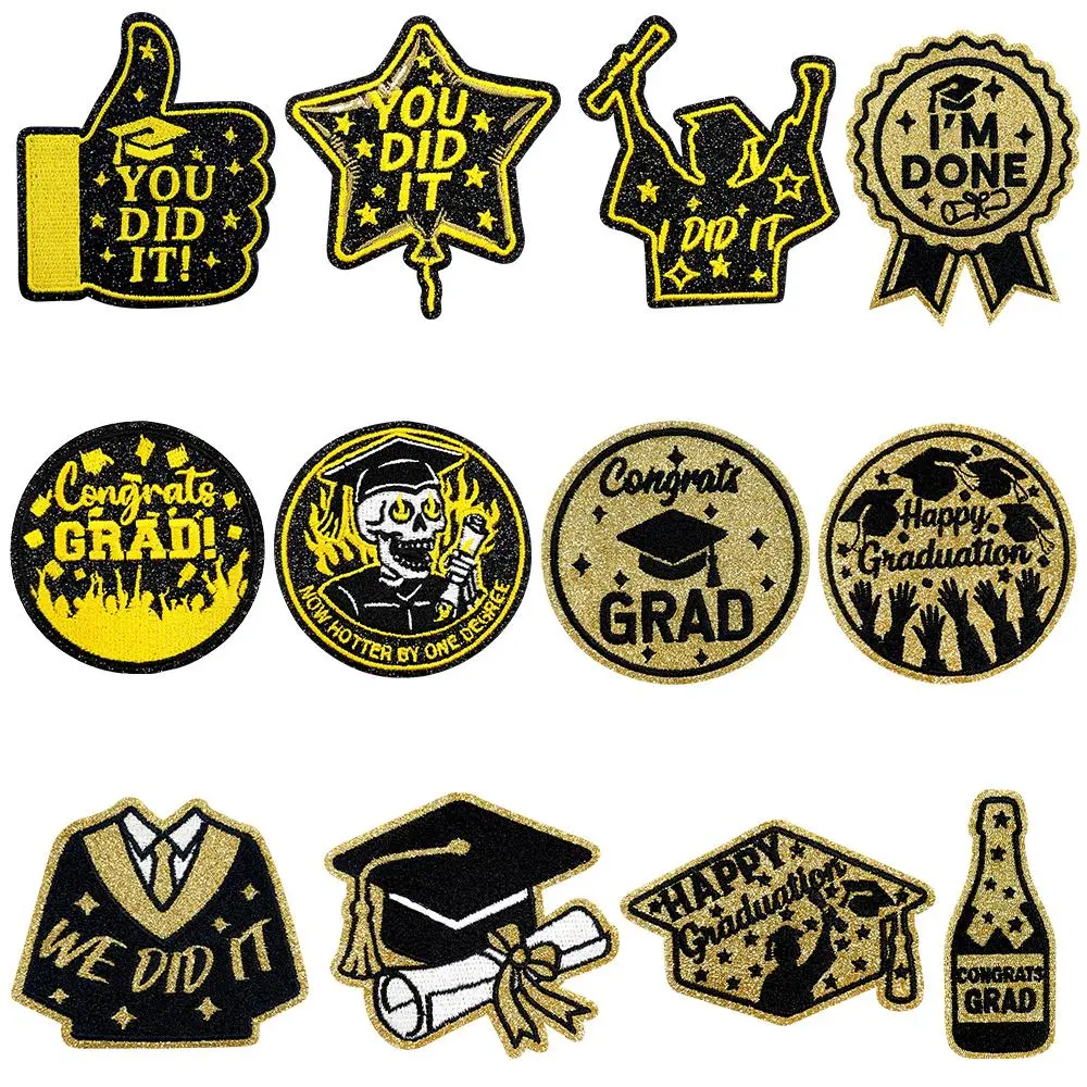 CY 12PCS Graduation Glitter Iron On Patches Set Black Gold Congrats Grad Embroidered Appliques Fashion DIY Accessories for Trucker Hats Grad Caps Clothing Bag Jackets