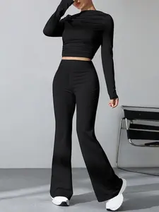 GILIPUR Y2K Solid Color Mid-Rise Waist Stretch Flared Pants Sports Yoga Pants Compression Leggings Running Fitness Pants, Breathable Quick-Drying Sports Trousers, Women's Leggings, Women's Clothing,T-Chic, Athleisure Bottoms, Elastic Waist Leggings