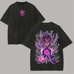 Men's Black Acid Wash Distressed Crew Neck Streetwear T-shirt - Menswear Top, Vegeta Saiyan Prince With Purple Power Aura Graphic, For Men Women Crewneck Tshirt