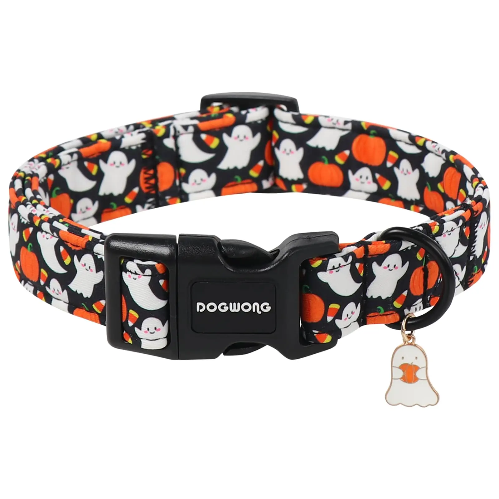 DOGWONG Halloween Cotton Dog Collar with Ghost Pendant, Adjustable Universal Safety Plastic Buckle Accessory for Small, Medium, Large Dog Breeds