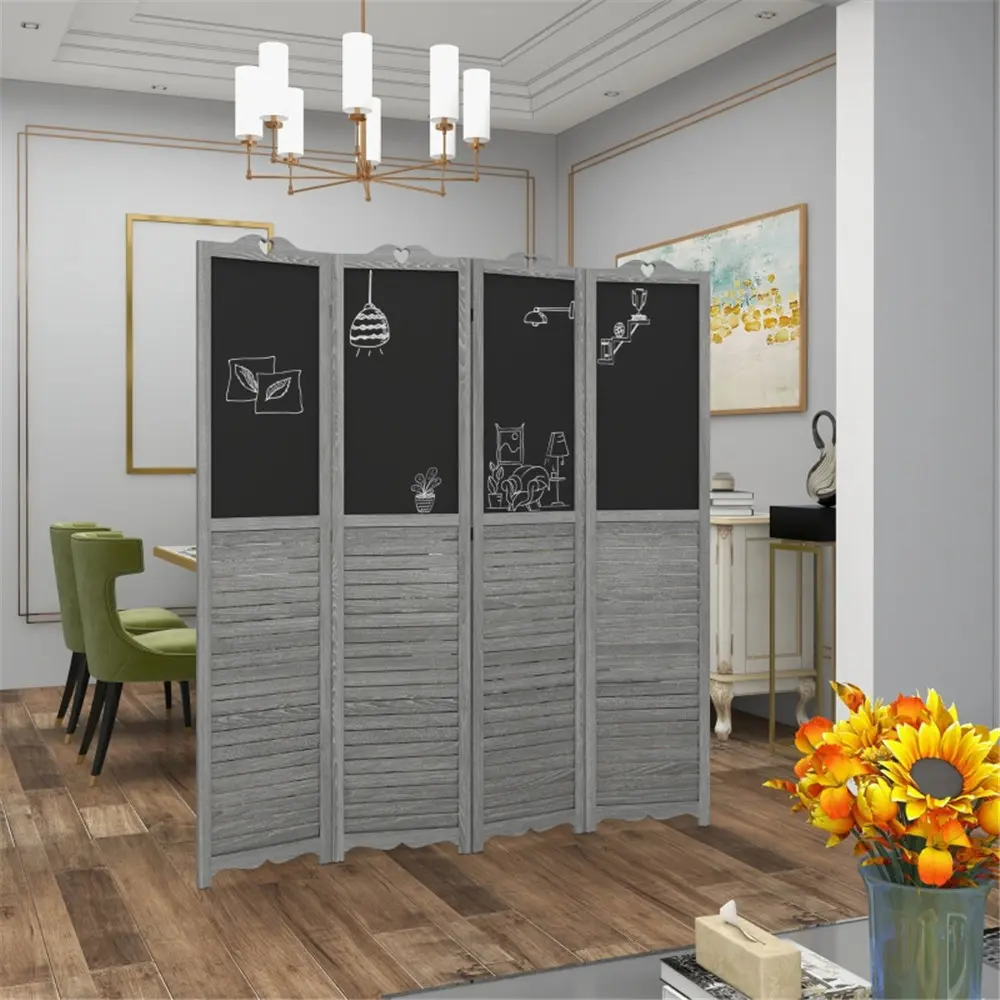 Premium Material Foldable Wooden Room Divider with 4 Panels, Blackboard - Elevated in Height Privacy Screen for Home Office Bedroom
