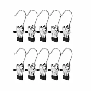 10 Pack Laundry Hooks with Clips, Stainless Steel Heavy Duty Clothes Pins with Hooks, Non-Slip Rubber Tips Hanger Clips, Multi-Purpose Hanging Clips for Socks, Towels, Hats, Travel, Closet Organization