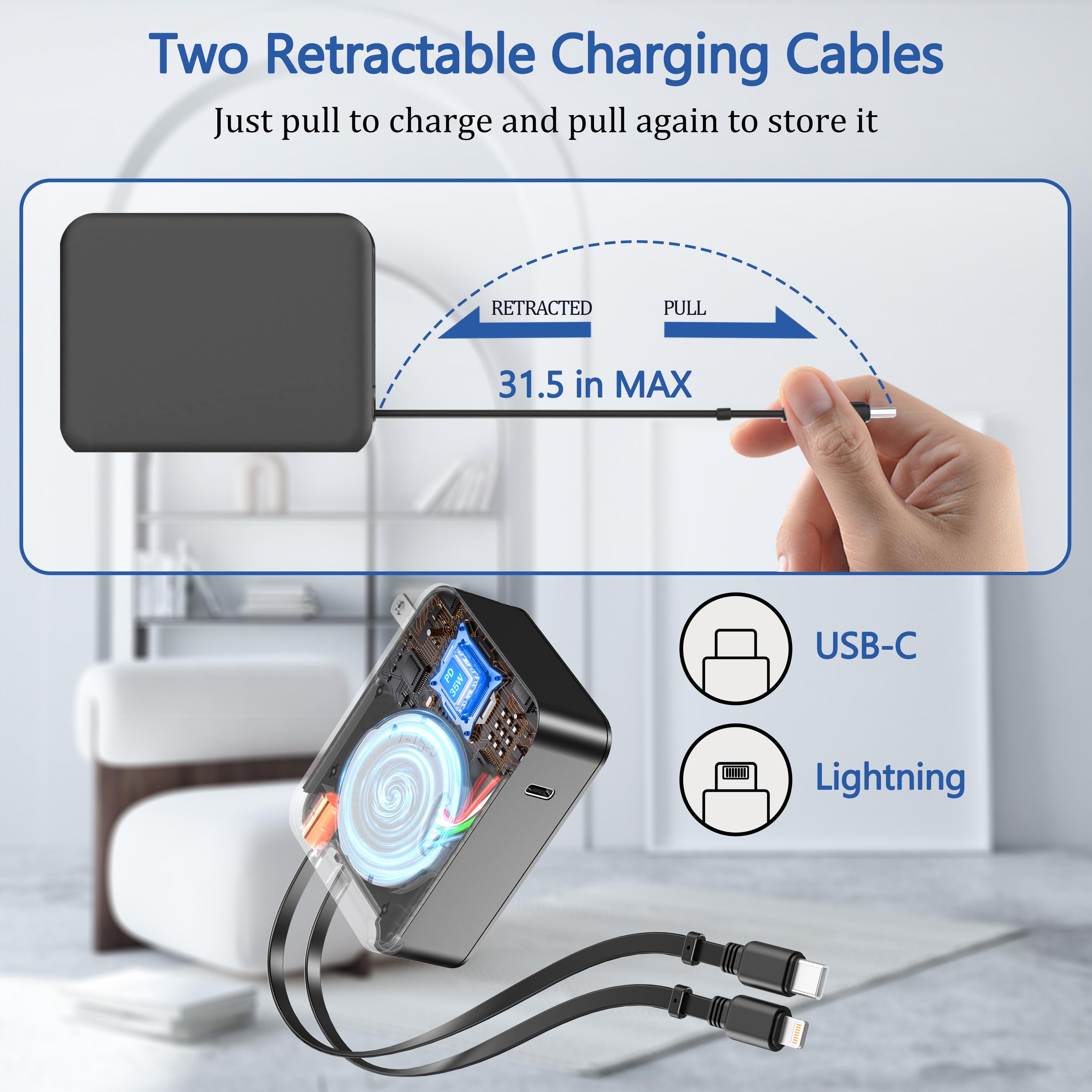 35W Retractable Wall Charger with Dual Cables & 3-Port USB Hub, Fast Charging for iPhone 16/15/14/13/12/11, iPad, Tablets, Samsung, LG & More