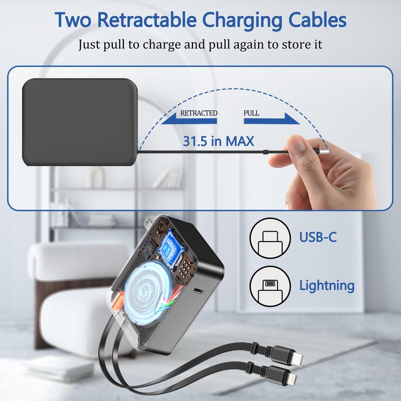 35W Retractable Wall Charger with Dual Cables & 3-Port USB Hub, Fast Charging for iPhone 16/15/14/13/12/11, iPad, Tablets, Samsung, LG & More