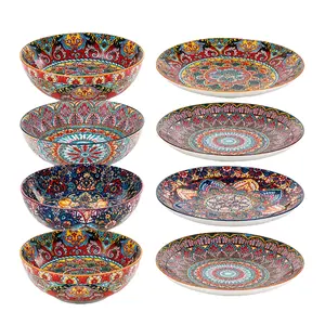 8-Piece Bohemian Ceramic Dinnerware Set, 22 oz Bowls and 8 in Pasta Plates, Colorful Tableware Set for Soup, Salad, Pasta
