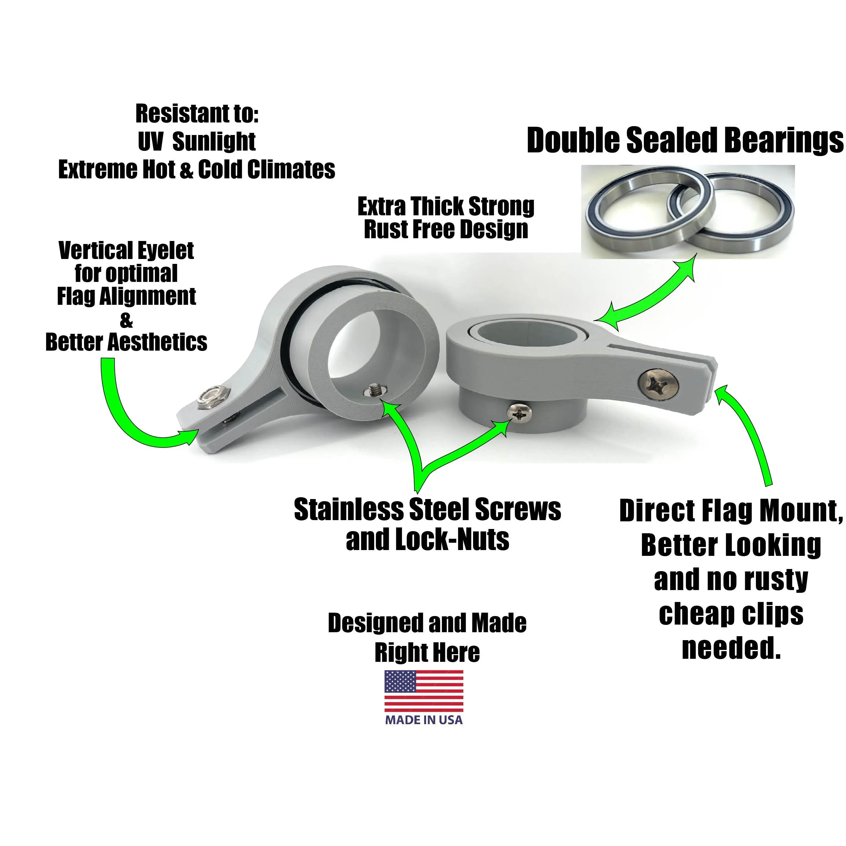 Industrial Grade Flagpole Swivels & Rings with Sealed Bearings -Direct Mount No Clips Needed