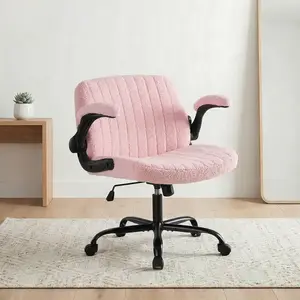 Vanity Chair with Wheels, Adjustable Height Makeup Stool for Bedroom, Wide Cross Leg Swivel Chair with Flip-Up Armrests, Pink Teddy Fleece Criss Cross Chair for Dressing Table
