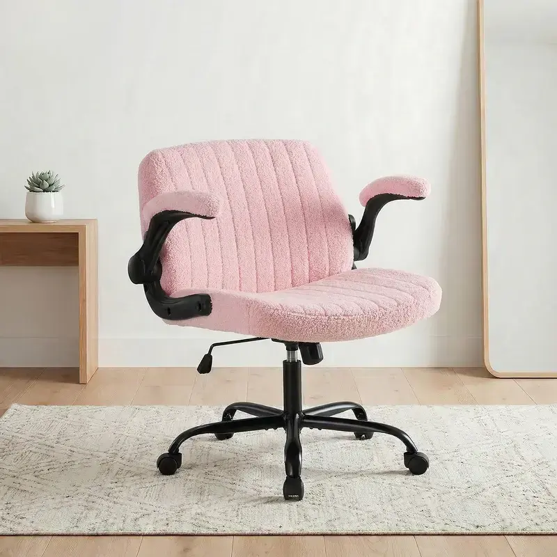 Vanity Chair with Wheels, Adjustable Height Makeup Stool for Bedroom, Wide Cross Leg Swivel Chair with Flip-Up Armrests, Pink Teddy Fleece Criss Cross Chair for Dressing Table