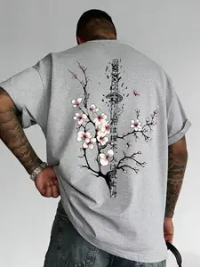Men's Sakura Samurai Sword Print Silk Short Sleeve T-Shirt, Loose Fit Drop Shoulder, Background with Sakura Design