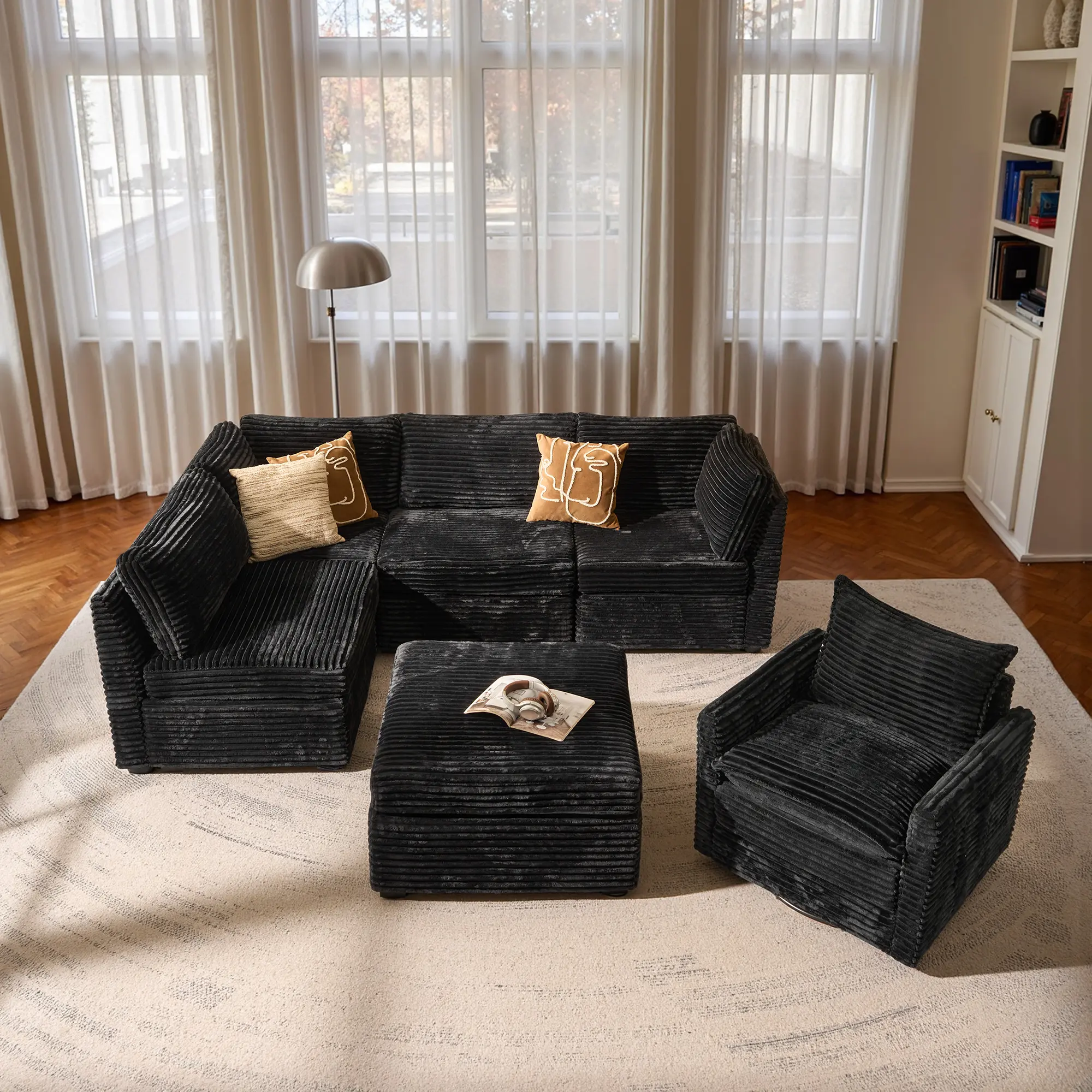 Weaxty Vintage Modular Cloud Sofa - 6-Piece Sectional Couch Set with Swivel Chair, Ottoman & Chaise, L/U-Shape Mix & Match Layout, Custom Room Flow Beige Living Room Furniture
