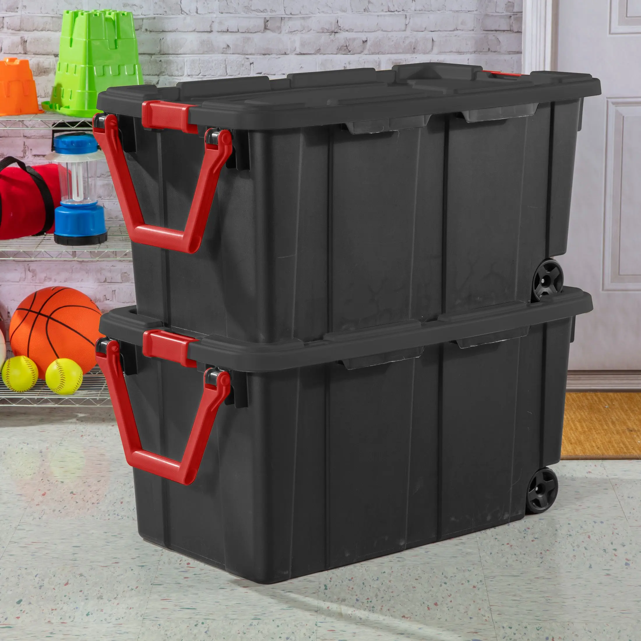 Sterilite Extra-Large Wheeled Industrial Storage Bin, 40 Gallon Durable Plastic Storage Tote with Latching Lid and Pull Handle, Black, 2 Pack