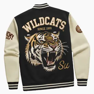 Men's Baseball Jacket, Black & Apricot Colorblock Tiger Graphic Fleece Varsity Coat, Classic Fit, Retro Vintage Thickened Streetwear Casual Sports Jacket, Trendy Fashion OOTD for Fall & Winter, New Arrival, Gift for Him, Holiday Present
