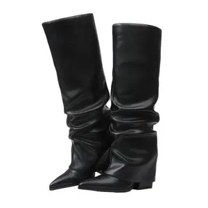 Women's Knee High Boots Elegant Pointed Toe Boots Cone Heel Buttonless Fashionable Fold Over Boots