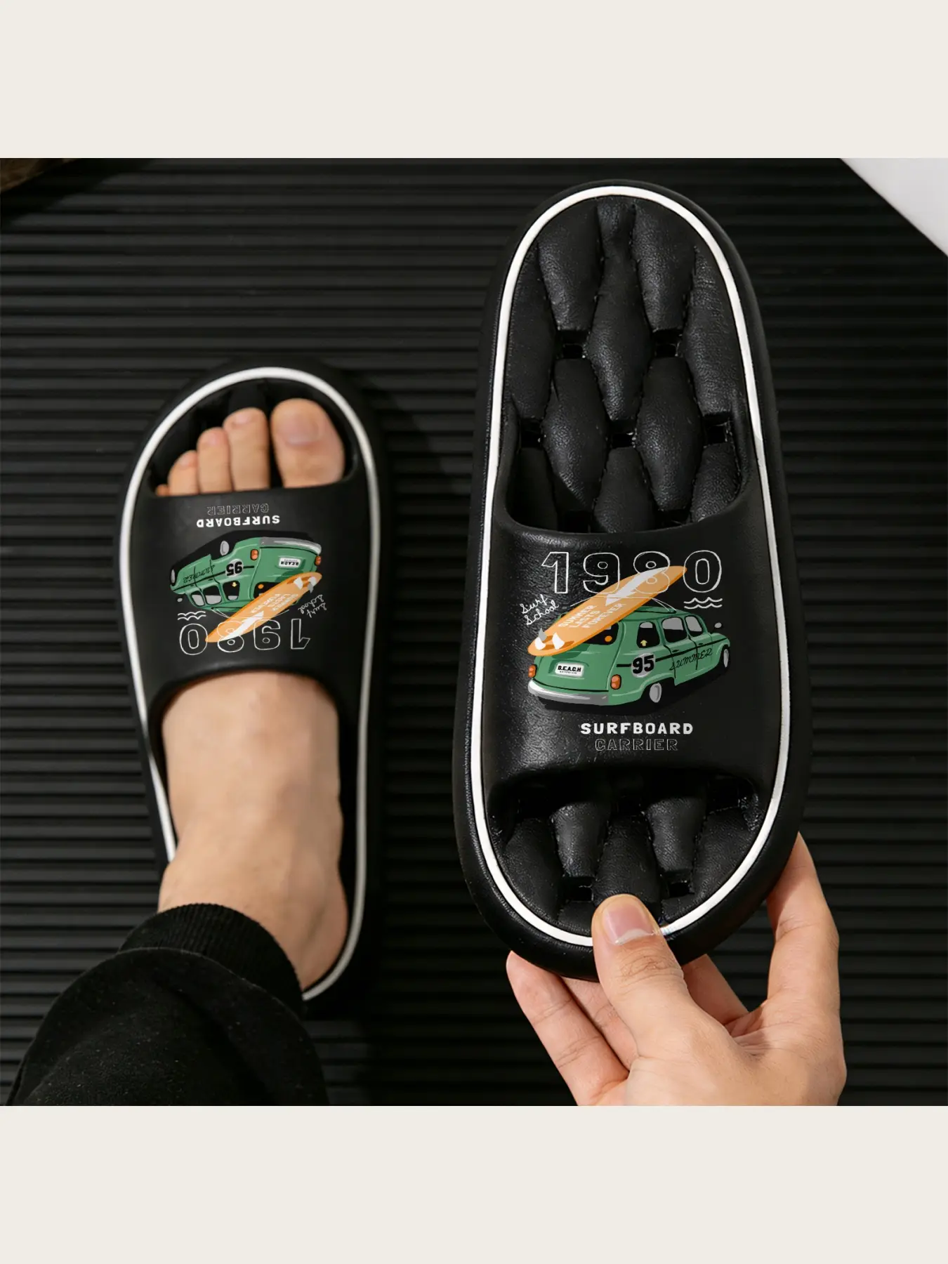 Green Vintage Beach Car with Surfboard Print Summer Slippers Comfortable Lightweight Non-Slip Sandals for Men Women Casual Outdoor Beach Shoes California Surfing Vacation Footwear