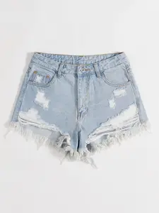 Sweet Cool Punk Style Jeans Shorts Fit, Asymmetrical Rips, Fringe Hem Design, Light Blue Washed Tone, Summer Freshness, Daily Wear