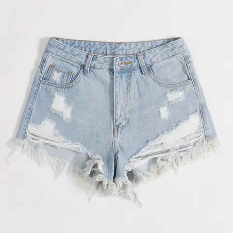 Sweet Cool Punk Style Women Denim Jeans Shorts Bottom Fit, Asymmetrical Rips, Fringe Hem Design, Light Blue Washed Tone, Summer Freshness, Vibe, Daily Wear