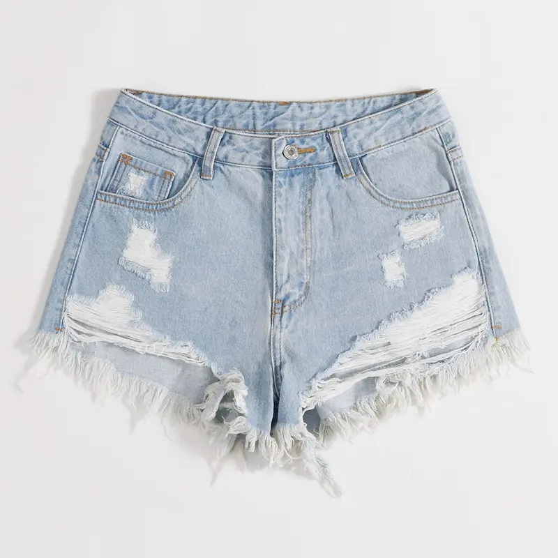 Sweet Cool Punk Style Women Denim Jeans Shorts Bottom Fit, Asymmetrical Rips, Fringe Hem Design, Light Blue Washed Tone, Summer Freshness, Vibe, Daily Wear
