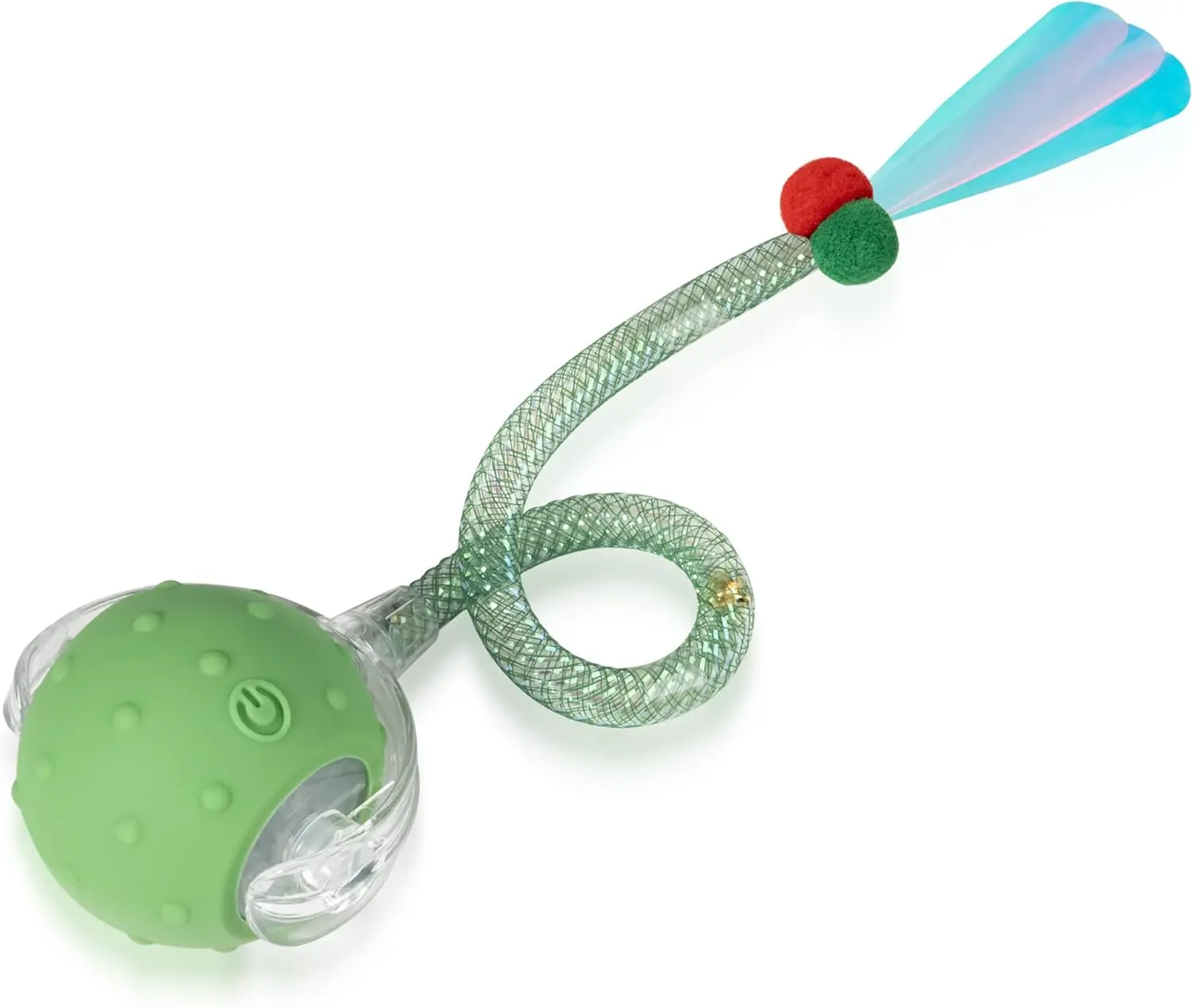 Rechargeable Green Interactive Cat Toy Ball for Indoor Cats - Automatic Move, Chirping, Obstacle Avoidance, Motion Activated, Flashing Lights, Detachable Structure, Easy to Clean, Easily Attachable Elastic Net Tail, Stimulates Hunting