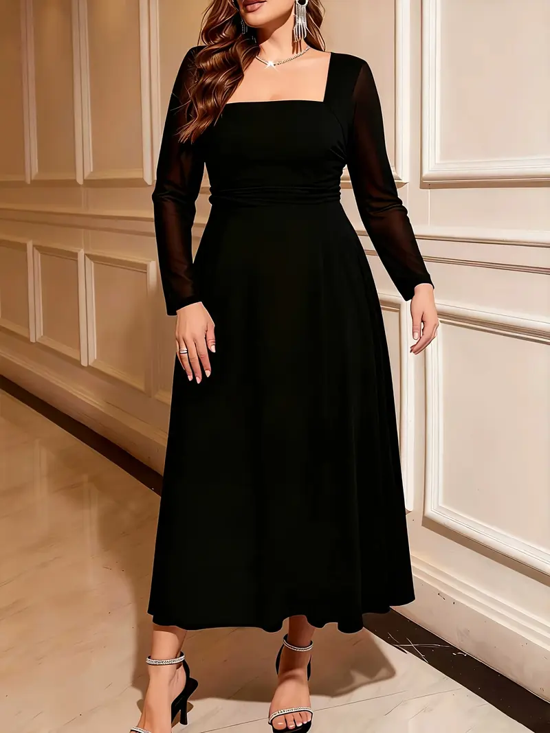 Elegant Chic Plus Size Square Neck Ruched Waist French Style Dress, Women's Fashionable Casual Wear, Perfect for Daily